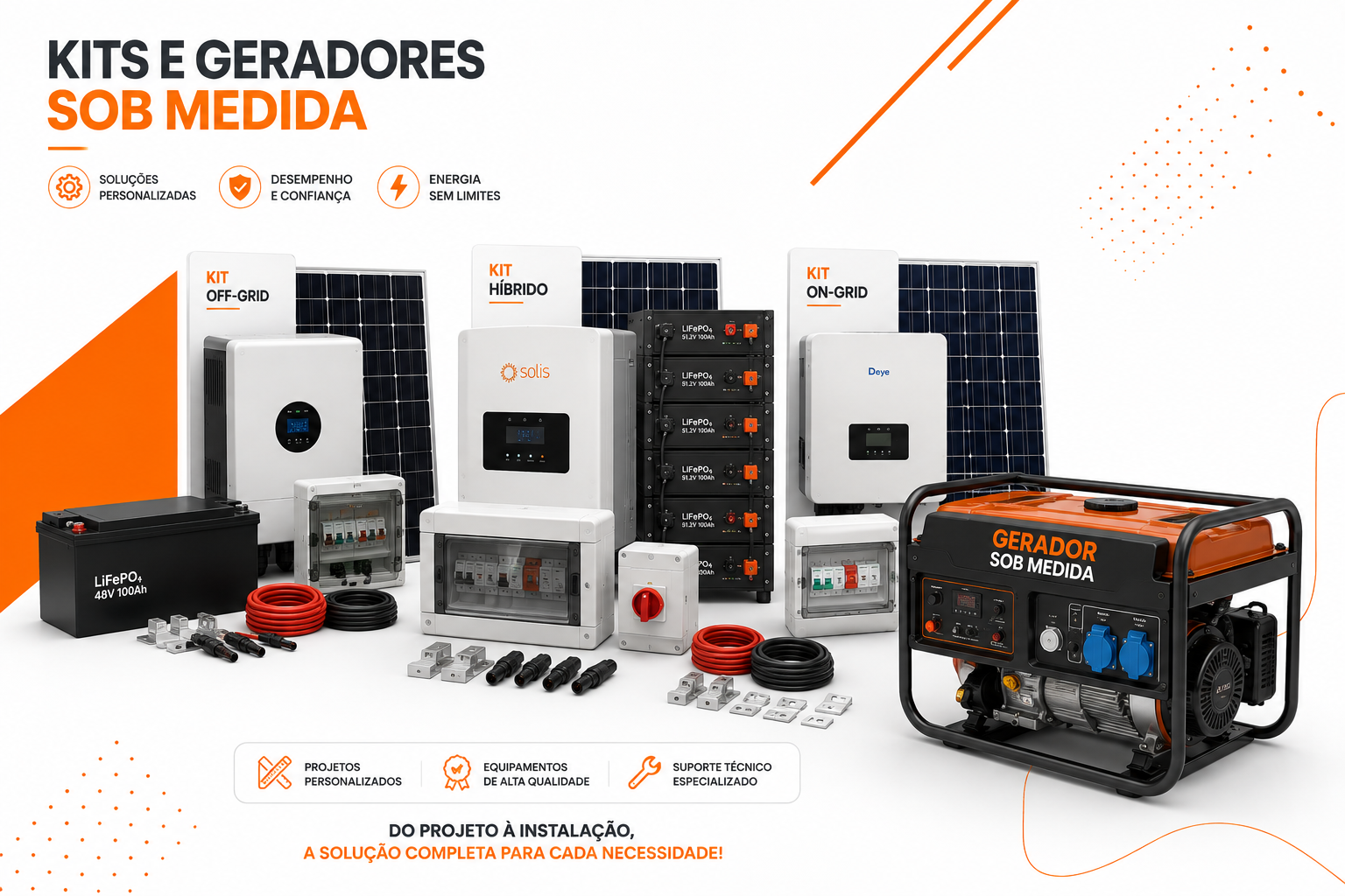 Kits de energia solar, baterias, inversores e gerador